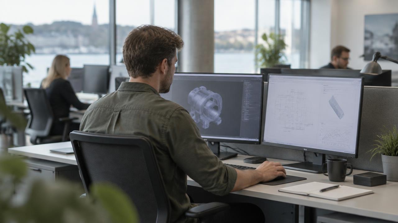 Civilian systems engineer at a technical workstation in a bright office