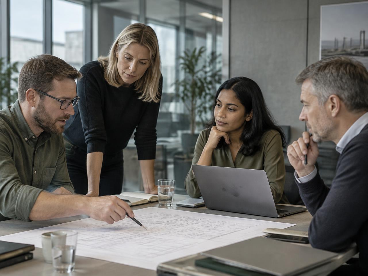 Civilian technical specialists and managers collaborating over a drawing