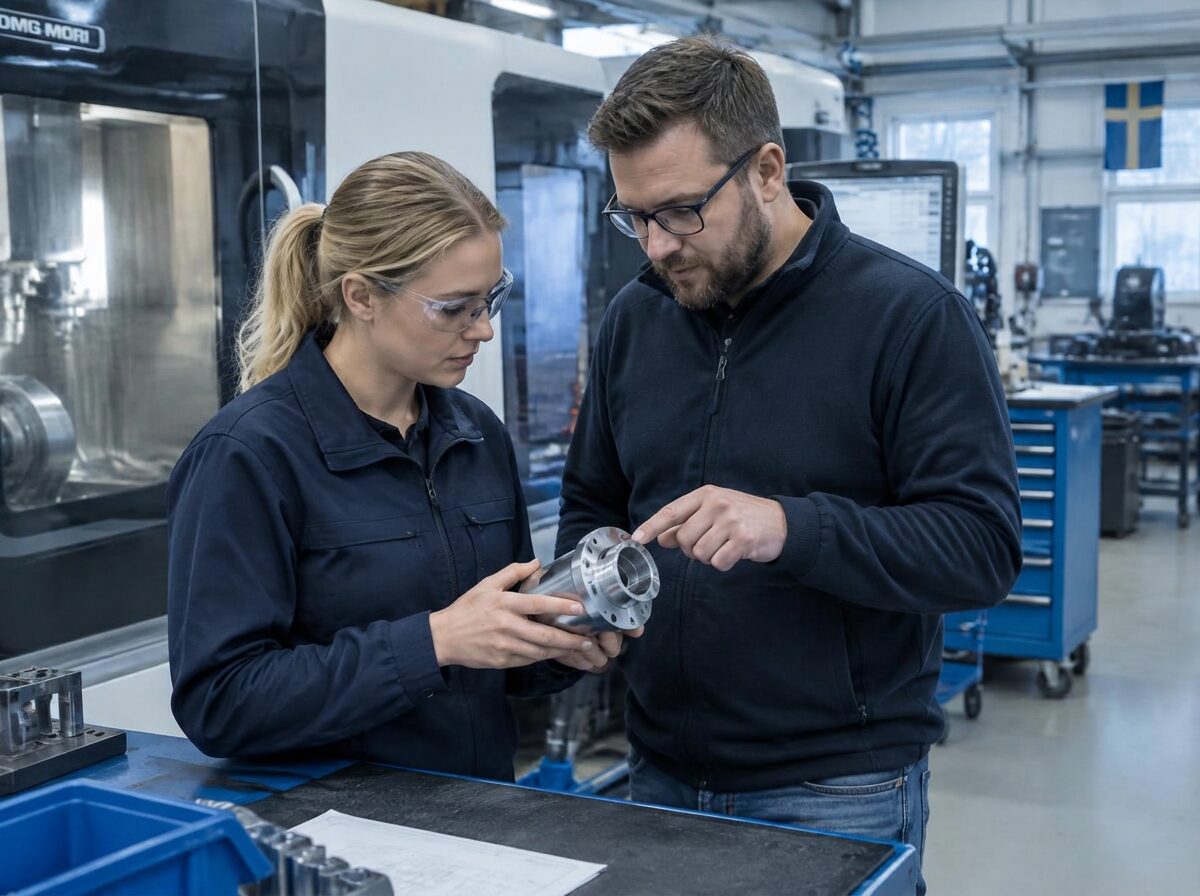 Produktionstekniker och ingenjör granskar en bearbetad detalj i en svensk verkstad